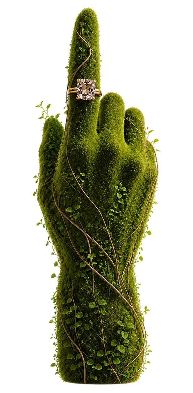 Moss-covered hand presenting a gemstone ring